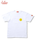 White t-shirt with a yellow logo on a white background