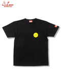 Black t-shirt with a yellow logo on a white background