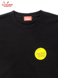 Black t-shirt with a yellow logo and brand label on a white background