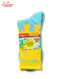 Pair of yellow and blue socks with 'Bjorn Qorn' branding on a white background