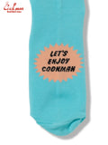 Turquoise sock with 'Let's Enjoy Cookman' text on a white background