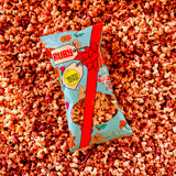 Front of Ruby bag on a pile of Ruby popcorn