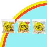 Bjorn Qorn 1 oz bags mix classic spicy salty on rainbow and blue background. 