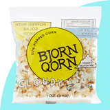Bjorn Qorn cloudy salty popcorn 1 oz bag on blue background. 