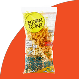 Bjorn Qorn spicy 3oz bag on red background. 