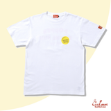 White t-shirt with a yellow logo on a light yellow background