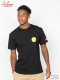 Man wearing a black t-shirt with a yellow logo on a white background