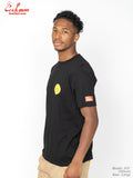 Man wearing a black t-shirt with a yellow logo on a white background