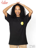 Woman wearing a black t-shirt with a yellow logo on a white background