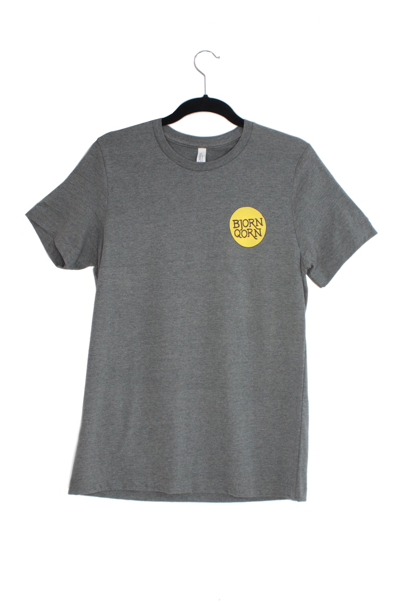 Bjorn Qorn grey T-shirt on clothes hanger. 